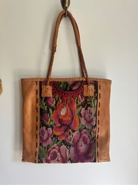 Tan Leather Tote with Colorful Floral Needlepoint Panel